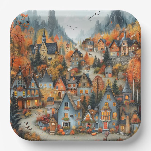 Plato De Papel Whimsical Autumn Village Forest Ilustracion (Anverso)