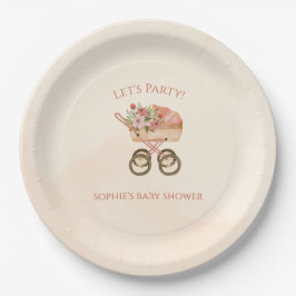 Plato De Papel Whimsical Baby Carriage Floral Baby Shower