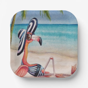 Plato De Papel Whimsical Beach Babe Flamingo No. 1 Watercolor Art