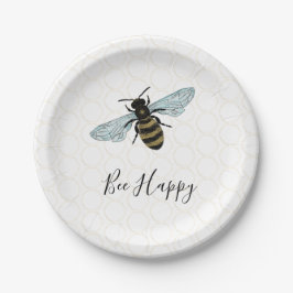 Plato De Papel Whimsical Bee Happy Gold Honeycomb