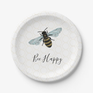 Plato De Papel Whimsical Bee Happy Gold Honeycomb