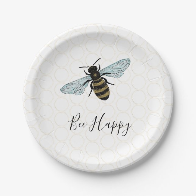 Plato De Papel Whimsical Bee Happy Gold Honeycomb (Anverso)