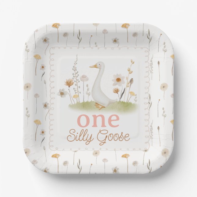 Plato De Papel Whimsical Beige Floral One Silly Goose Cumpleaños (Anverso)