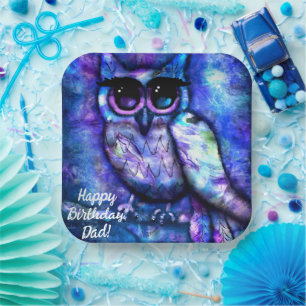 Plato De Papel Whimsical Big Eyed Abstract Owl Blue Green Purple