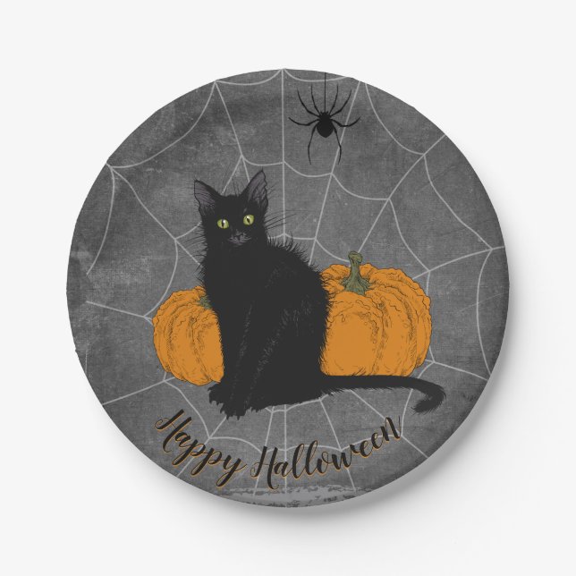 Plato De Papel Whimsical Black Cat Happy Halloween Fiesta (Anverso)