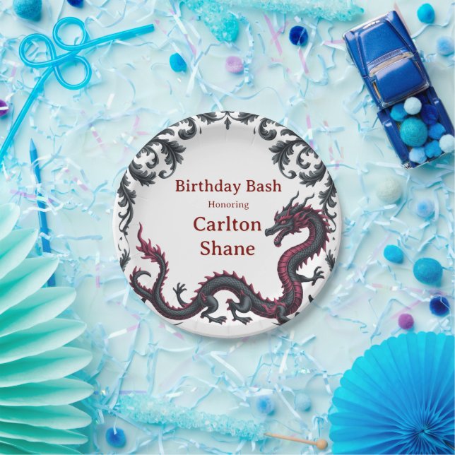 Plato De Papel Whimsical Black Red Dragon Damask Sweet 16 Bash (Fiesta)