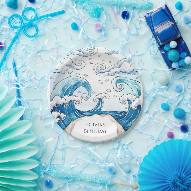 Plato De Papel Whimsical Blue Fun Ocean Waves Cumpleaños (Fiesta)