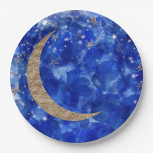 Plato De Papel Whimsical Blue Gold Moon Stars Baby Shower