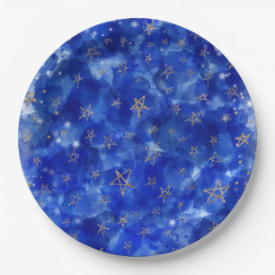 Plato De Papel Whimsical Blue Gold Moon Stars Baby Shower