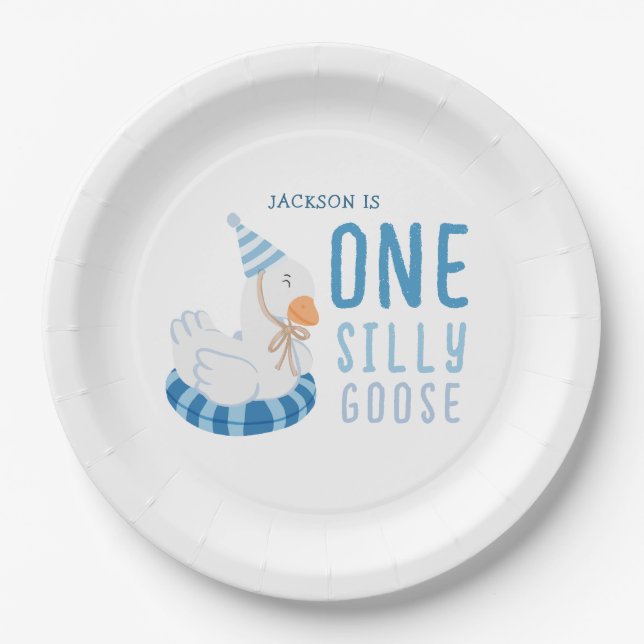 Plato De Papel Whimsical Blue One Silly Goose First Birday (Anverso)