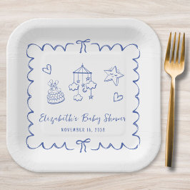 Plato De Papel Whimsical Blue Wavy Frame Baby Boy Shower