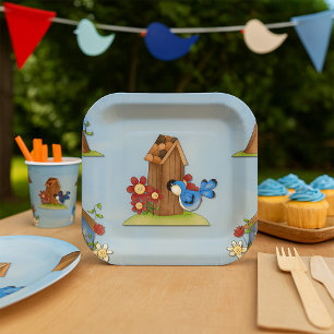 Plato De Papel Whimsical Bluebird and Birhouse Cute Spring