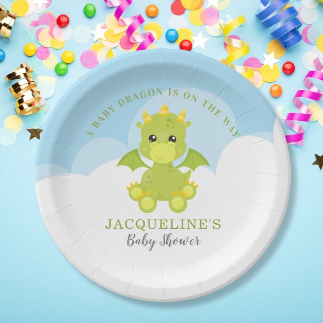 Plato De Papel Whimsical Boy Dragon Baby Shower (Whimsical Boy Dragon Baby Shower Paper Plates)