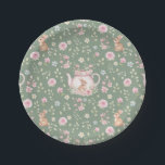 Plato De Papel Whimsical Bunny Teapot Spring Floral Pattern<br><div class="desc">Whimsical Bunny Teapot Spring Floral Pattern Paper Plates. Whimsical design featuring an adorable bunny nestled inside a delicate pink teapot,  surrounded by watercolor flowers and lush green leaves. The soft sage green background enhances the gentle beauty of this pattern. Ideal for Easter or baby showers.</div>