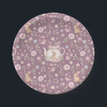 Plato De Papel Whimsical Bunny Teapot Spring Floral Pattern<br><div class="desc">Whimsical Bunny Teapot Spring Floral Pattern Paper Plates. Whimsical design featuring an adorable bunny nestled inside a delicate pink teapot,  surrounded by watercolor flowers and lush green leaves. The soft purple background enhances the gentle beauty of this pattern. Ideal for Easter or baby showers.</div>