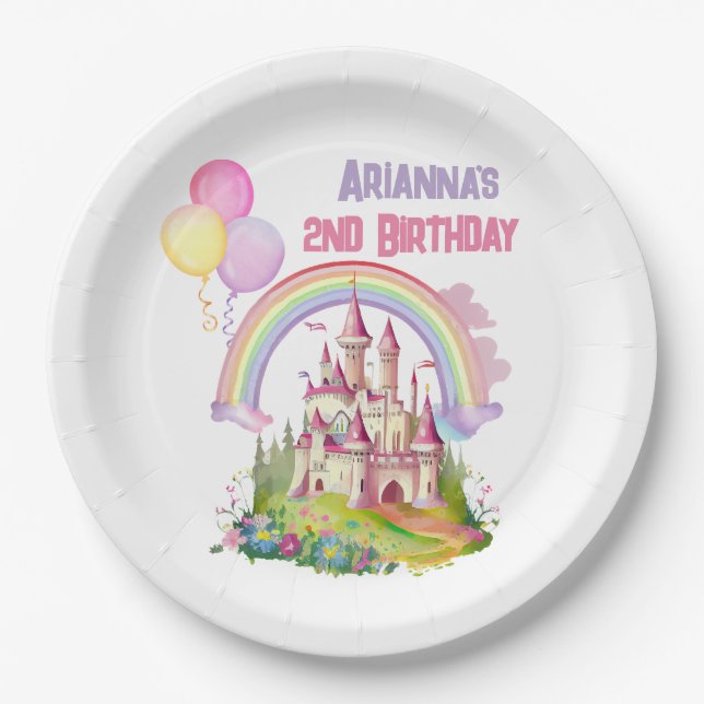 Plato De Papel Whimsical Castle Balloons 2º cumpleaños (Anverso)