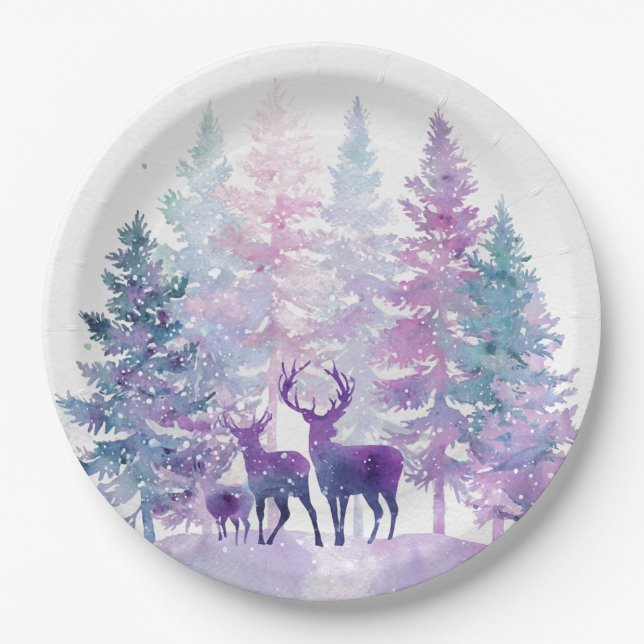 Plato De Papel Whimsical Christmas Forest Deers Paper Plates (Anverso)