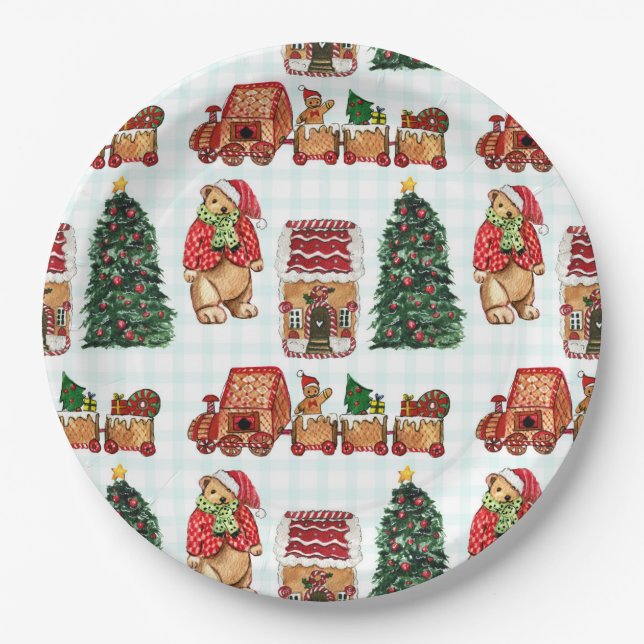 Plato De Papel Whimsical christmas pattern with bears, trees, and (Anverso)