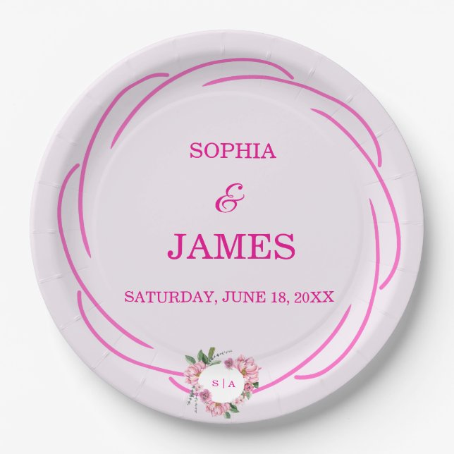 Plato De Papel Whimsical Citrus Pink & flower Wedding  Sign (Anverso)