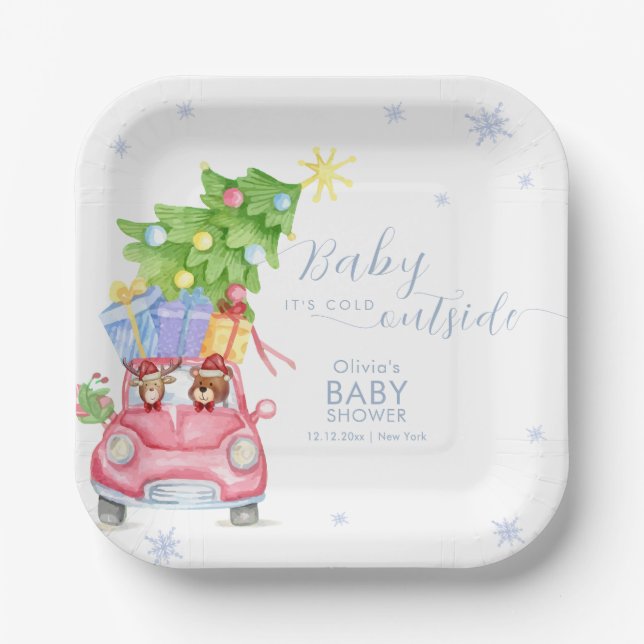 Plato De Papel Whimsical Cold Outside Reindeer Bear Baby Shower  (Anverso)