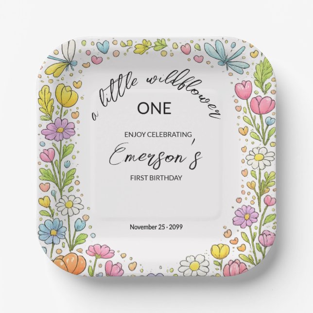 Plato De Papel Whimsical Colorful Little Wildflower 1st Birthday  (Anverso)