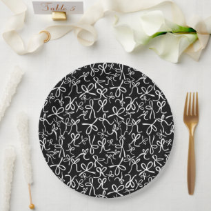Plato De Papel Whimsical Cute B&W Modelo Bows Ducha Británica