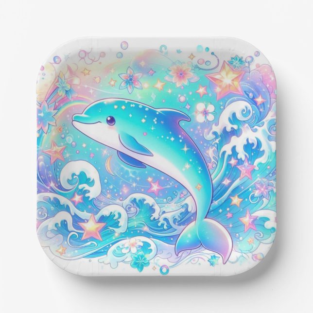 Plato De Papel Whimsical Cute Dolphin Baby Shower (Anverso)