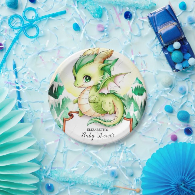 Plato De Papel Whimsical Cute Dragon Baby Shower (Fiesta)