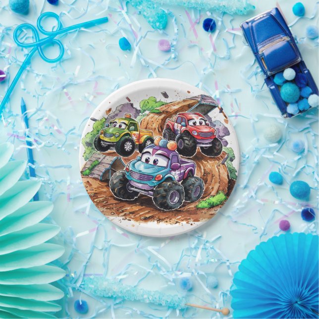 Plato De Papel Whimsical Cute Monster Truck Cumpleaños (Fiesta)