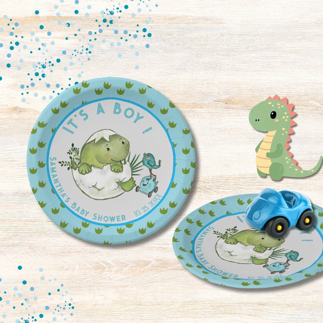 Plato De Papel Whimsical Dino Egg Hatch Boy Baby Shower  (Whimsical Dino Egg Hatch Boy Baby Shower Paper Plates)