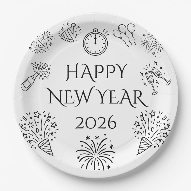 Plato De Papel Whimsical Doodles Black Happy New Year 2026 (Anverso)