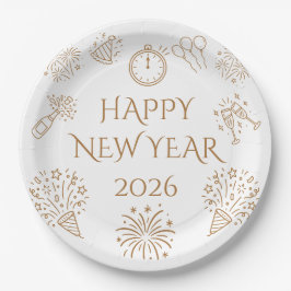 Plato De Papel Whimsical Doodles Gold Happy New Year 2026