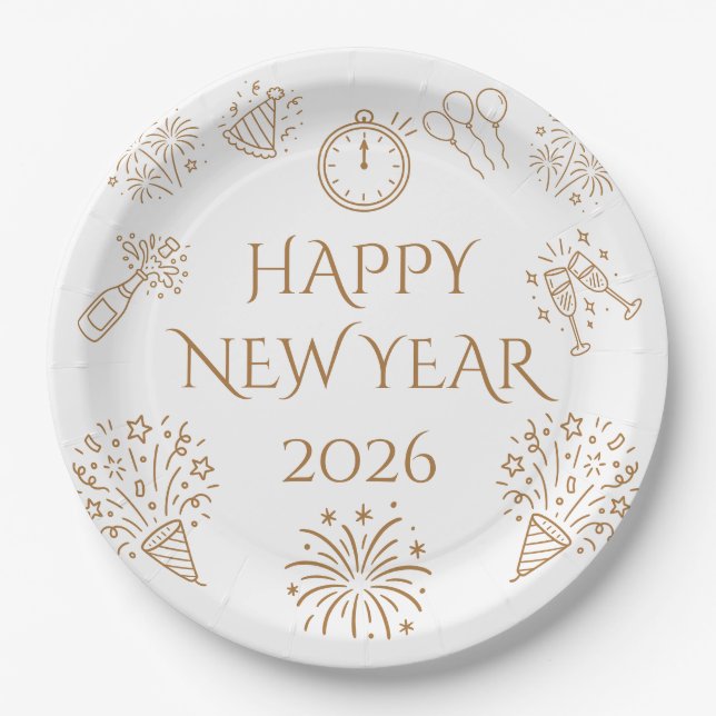 Plato De Papel Whimsical Doodles Gold Happy New Year 2026 (Anverso)