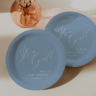 Plato De Papel Whimsical Dusty Blue Es un Chica! Baby Shower