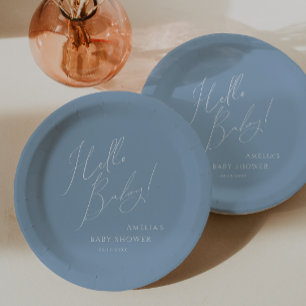 Plato De Papel Whimsical Dusty Blue Hello Baby! Baby Shower