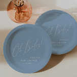 Plato De Papel Whimsical Dusty Blue Oh Bebé! Baby Shower<br><div class="desc">Presentamos nuestros increíbles platos de papel azul polvoriento azul oh bebé!, perfecto para su simple y moderna primavera de boho o celebración de invierno! Este plato presenta un ambiente de moda boho con caligrafía elegante y un minimalista diseño blanco sobre azul, ideal para los niños. Además, es editable, por lo...</div>