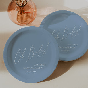 Plato De Papel Whimsical Dusty Blue Oh Bebé! Baby Shower