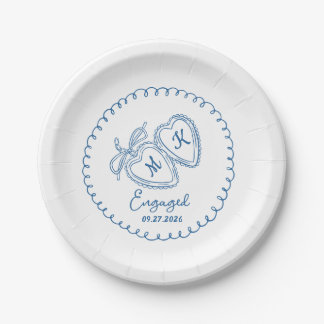 Plato De Papel Whimsical Engaged Couple Blue Hearts Trendy Doodle