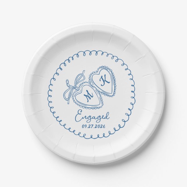 Plato De Papel Whimsical Engaged Couple Blue Hearts Trendy Doodle (Anverso)
