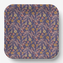 Plato De Papel Whimsical Floral Design with Vines on Purple Back