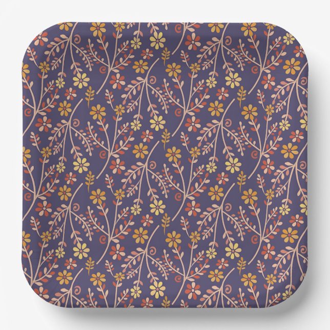 Plato De Papel Whimsical Floral Design with Vines on Purple Back (Anverso)