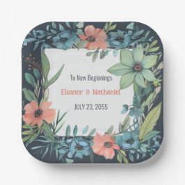 Plato De Papel Whimsical Floral Salmon Blue Green Boda