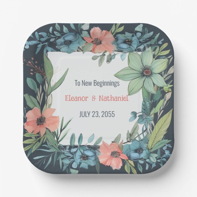 Plato De Papel Whimsical Floral Salmon Blue Green Boda (Anverso)