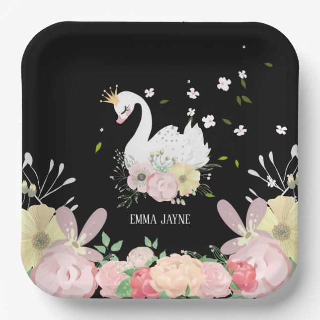 Plato De Papel Whimsical Floral Swan Birday (Anverso)