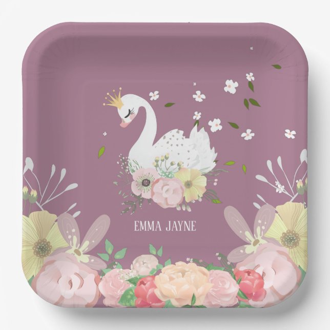 Plato De Papel Whimsical Floral Swan Birday (Anverso)