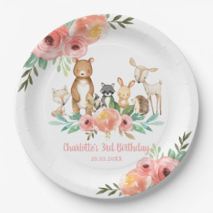 Plato De Papel Whimsical Floral Woodland Animales Chica de cumple