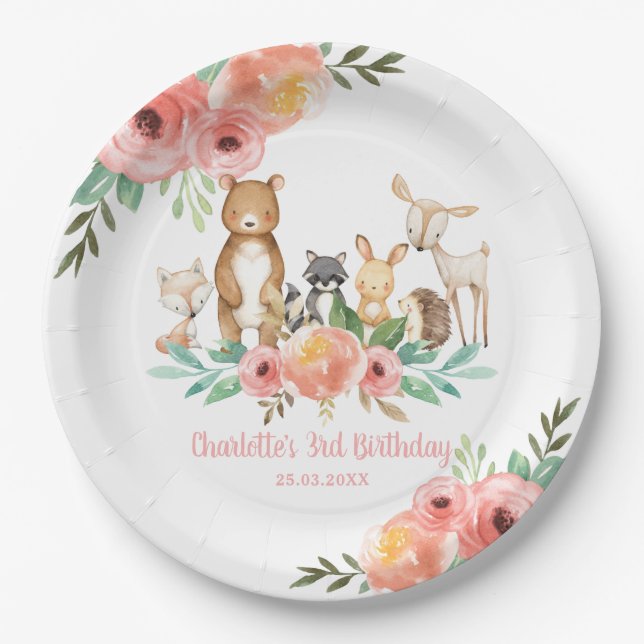 Plato De Papel Whimsical Floral Woodland Animales Chica de cumple (Anverso)