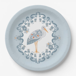Plato De Papel Whimsical Folk Art Stork   BABY SHOWER