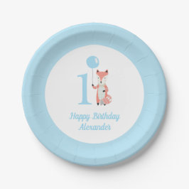 Plato De Papel Whimsical Fox & Balloon Blue Happy Birthday 1er.
