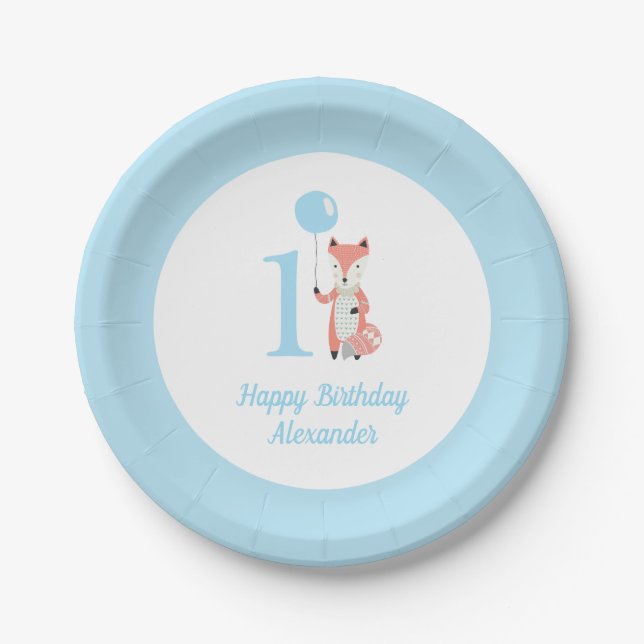 Plato De Papel Whimsical Fox & Balloon Blue Happy Birthday 1er. (Anverso)